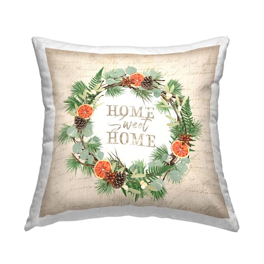 Stupell Industries Sweet Home Vintage Cursive Script Wreath Throw Pillow, 18" x 18"